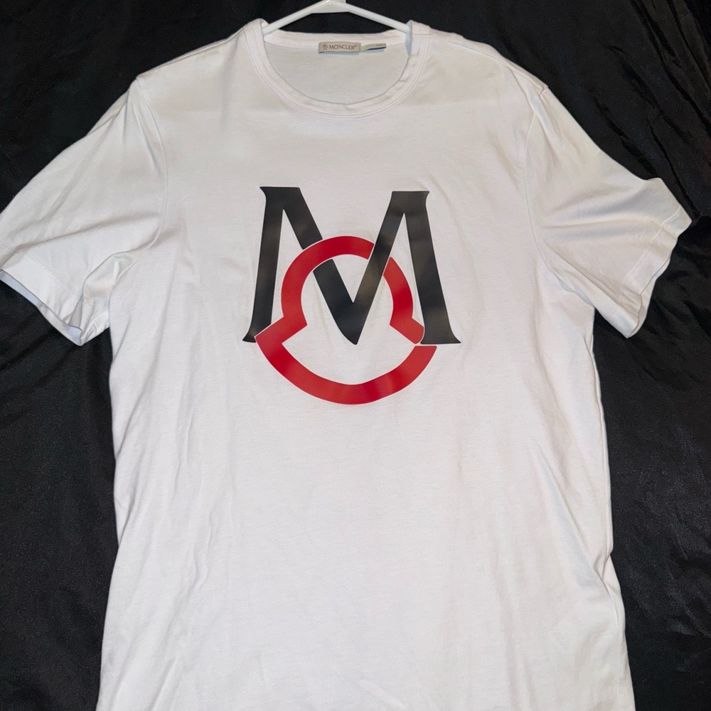 Moncler White Short Sleeve T-Shirt with Black and Red Logo